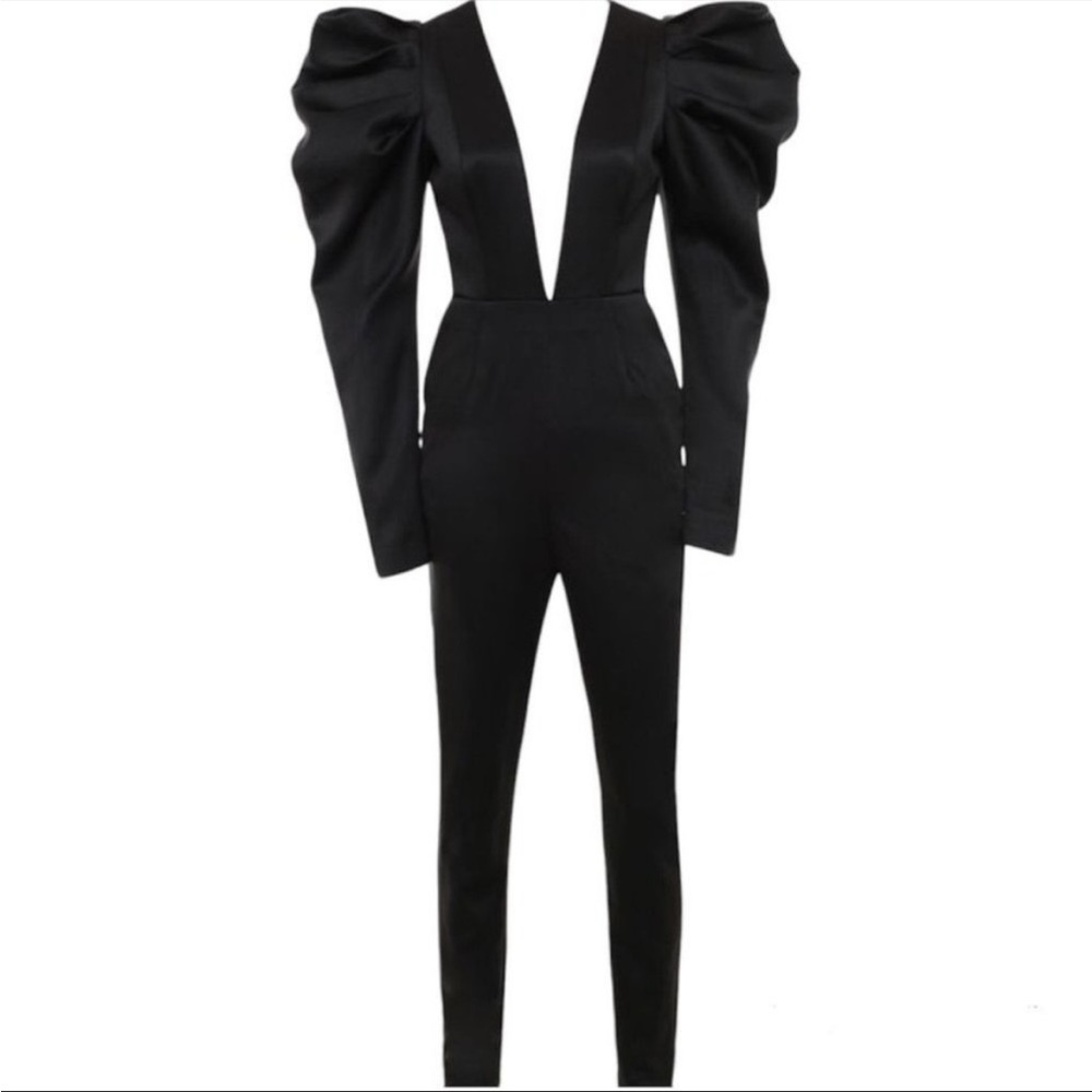 House of CB ‘Escalia’ Black Stretch Satin Jumpsuit NWOT - Picture 4 of 9
